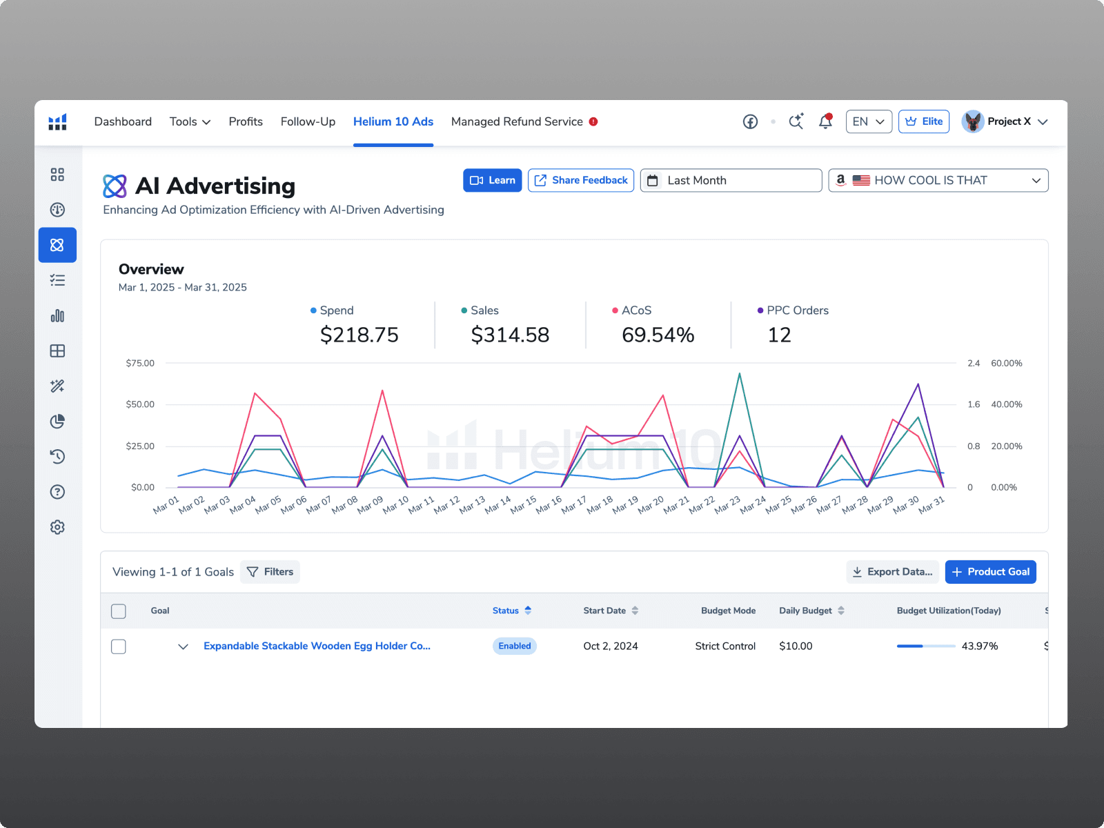 Helium 10 AI Advertising dashboard with performance and product-level campaign goals