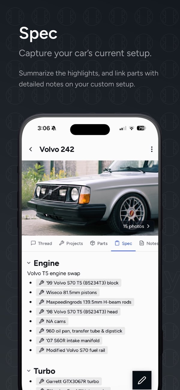 Public Assembly Spec artwork showing a Volvo 242 and linked engine parts in a front-on phone view